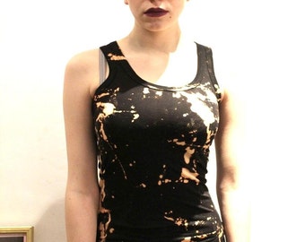 Hand Dyed Black Bleached Tie Dye Punk Grunge Vest Top