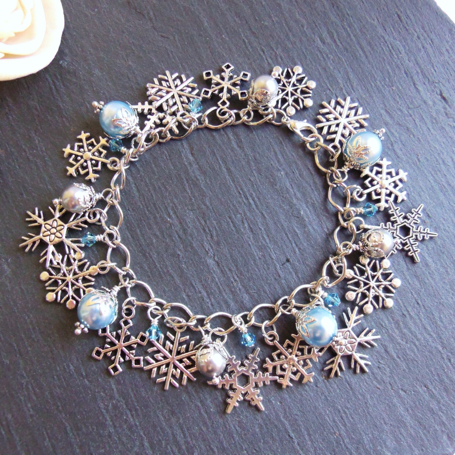 Blue and silver pearl and snowflake charm bracelet winter