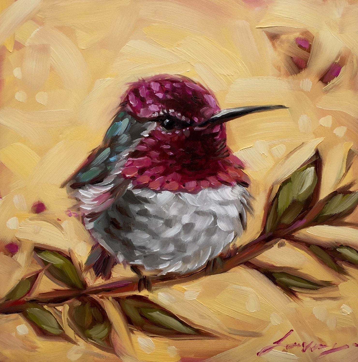 Hummingbird painting 6x6 original impressionistic oil
