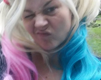 Harley Quinn Wig, Light Blond Ponytail Wig with blue and pink, pig tail wig, adjustable, suicide squad, cosplay, heat safe, white, curly