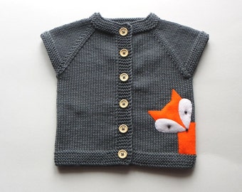 Knit baby fox vest grey merino wool vest with fox soft baby vest MADE TO ORDER