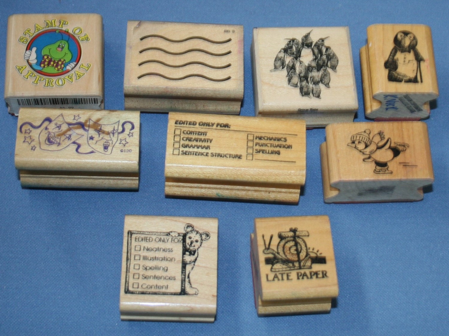 Lot Various Wooden Rubber Stamps 9 pcs Craft Teacher School