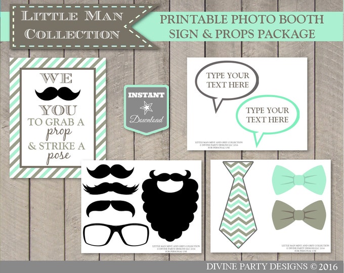 SALE INSTANT DOWNLOAD Printable Little Man Mustache Mint and Grey Baby Shower Package / Little Man Collection / Item #1300