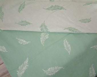 One piece of french vintage mattress ticking in mint green with fern print. Vintage cotton mattress fabric for craft projects. mint green