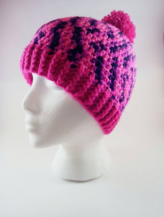 Girls Winter Hat Pink and Purple Pompom Hat Ladies Neon