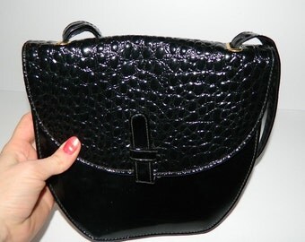 Retro Black Patent Leather Faux Reptile Print Shoulder Bag