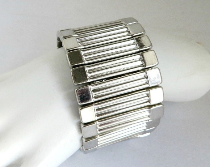 Vintage Expansion Bracelet | Chunky Silver Tone Bracelet - Ribbed Wide Band Cuff