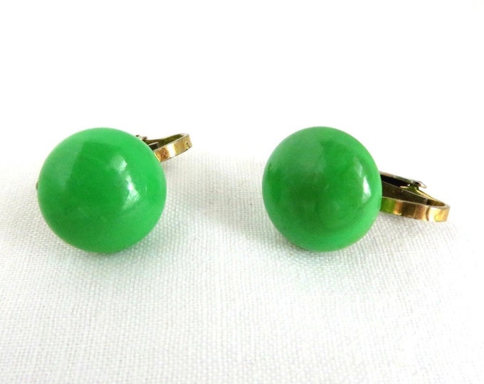 Green Button Earrings, Vintage Hong Kong Clip-on Apple Green Earrings, Gift for Her