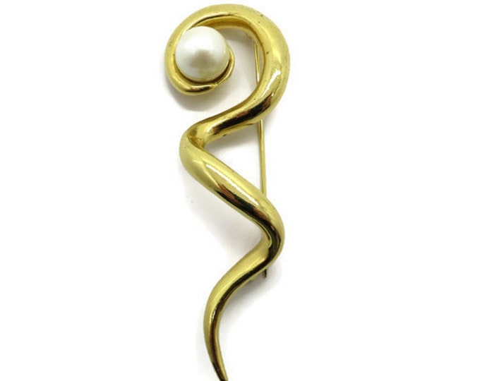 Vintage AVON Squiggle Brooch - Gold Tone Faux Pearl Pin, Gift for Her