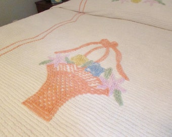 Vintage Chenille Bedspread - Full Size Bed - Flower Basket in White with Peach, Blue, Yellow, Pink and Green