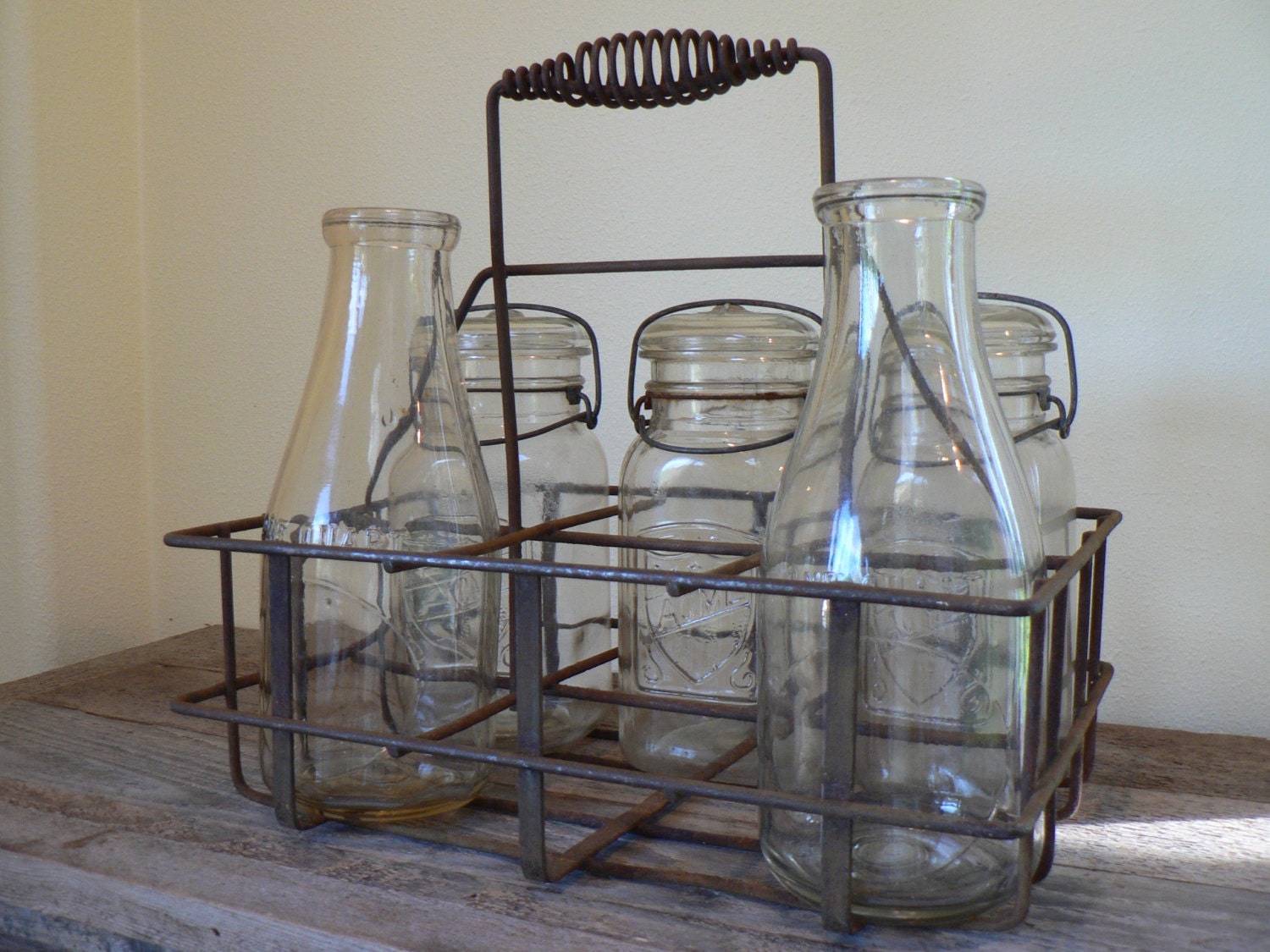 Antique Metal milk bottle carrier metal bottle and jar