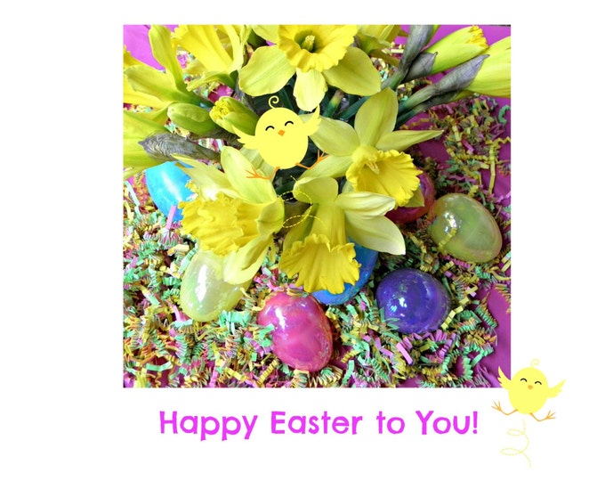 HAPPY EASTER Photo Greeting Card, handcrafted; blank inside; featuring yellow daffodils, colorful Easter eggs and digital enhancements