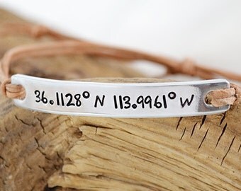 Coordinate Bracelet - Custom Coordinates - Latitude Longitude Location Jewelry - Silver Leather Bracelet - Personalized Coordinate Jewelry