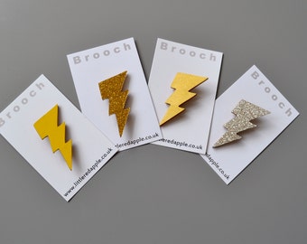 Lightning Bolt Brooch -Lightning Pin - Wooden Lightning Badge - Glittery Lightning Brooch Pin made from Wood