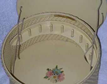 Princess Wicker Sewing Basket Box Round Yellow with Wood Lid & Thread Pegs