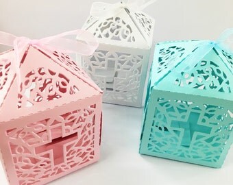 12 pc cross laser cut pink/blue /white wedding bridal favor box christening baby shower / baptism favor gift box/religious gift box