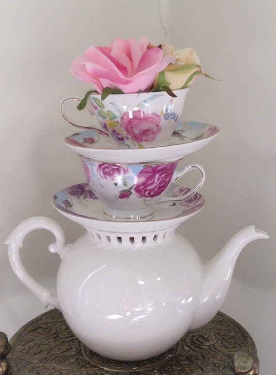 Items similar to Stacked Teapot & Teacup Centerpiece Mismatched