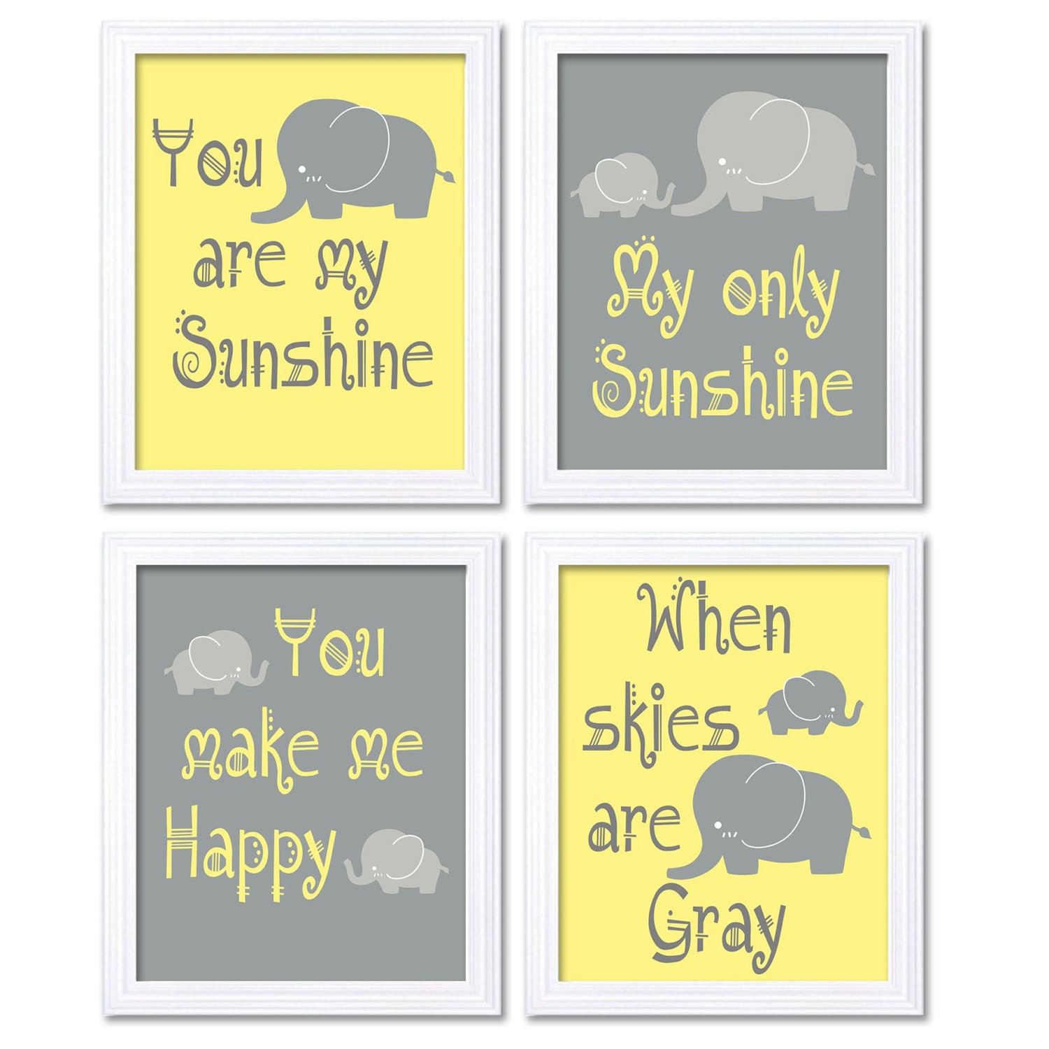 Elephant Nursery Art Yellow Grey You Are My Sunshine Set of 4 Prints Child Baby Nursery Wall Decor K