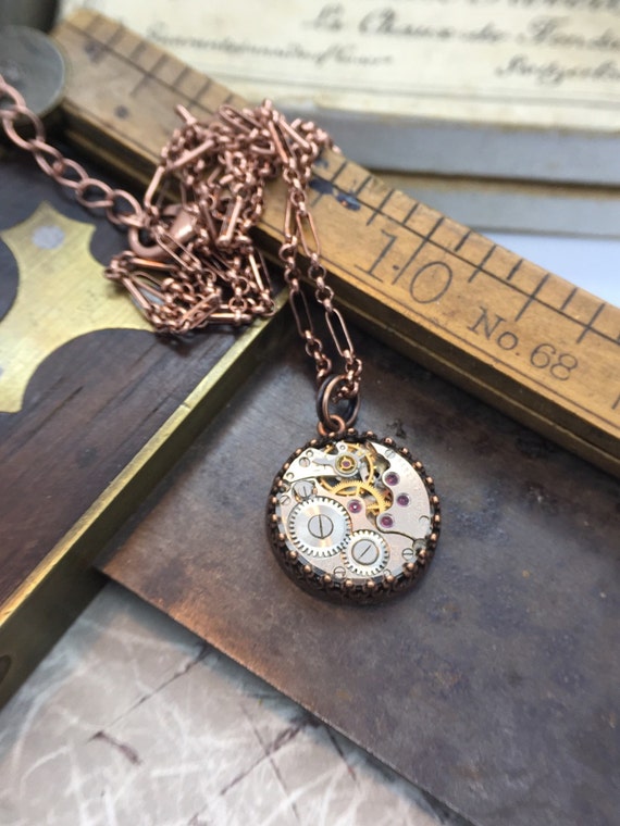 Copper round jeweled watch movement necklace. Handcrafted artistic steampunk jewelry -The Victorian Magpie by VictorianMagpie steampunk buy now online