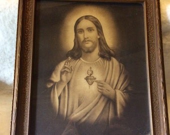 Antique jesus sacred heart lithograph with hand wounds. 1920s wood frame.