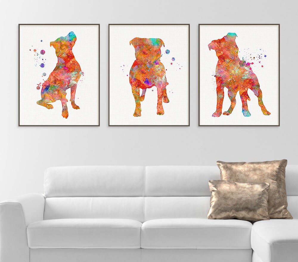 Pitbull Wall Art pitbull watercolor art print pitbull painting set of 3 Pitbull Wall Art pitbull watercolor art print pitbull painting set of 3