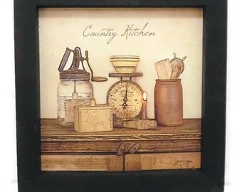 Country Kitchen, Framed Art Print, Country Home Decor, Primitive Decor, Wall Hanging, Handmade, 7X7, Custom Wood Frame, Made in the USA