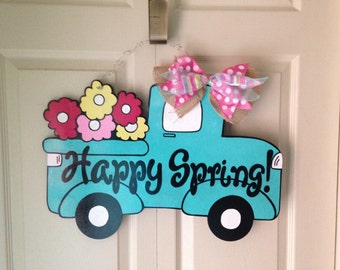 Adorable Truck with Flowers, Happy Spring Door Hanger