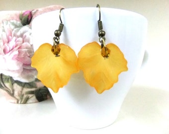 SALE! Acrylic Orange Leaf Earrings with Amber Crystals, Autumn Earrings, Fall Earrings, Orange Earrings, Boho, Nature Earrings, Leaves
