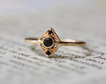 14k Gold Black Diamond Ring, Art Deco Ring, Solid Gold Ring, Filagree Ring, Chevron Diamond Ring, Dainty Jewelry, Real Gold