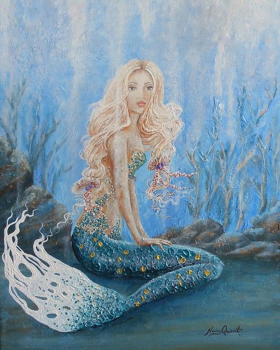 Original mermaid painting blonde little mermaid art by ...