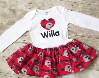 New England Patriots BodySuit, Baby Dress with name and Heart Applique