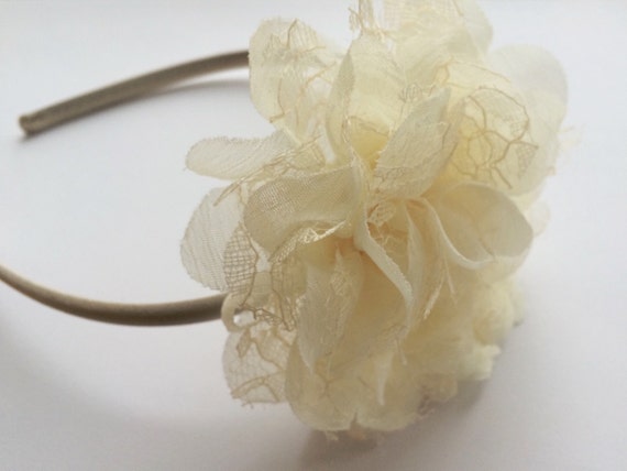 Ivory Lace Chiffon Flower Headband - Satin Headband for Girls - Ivory Flower Head Band - Flower Girl Headband in Ivory - Girls Headband