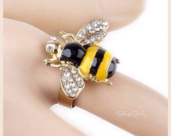 Fashion Jewelry, Adjustable Ring, Bumble Bee, Black and Yellow