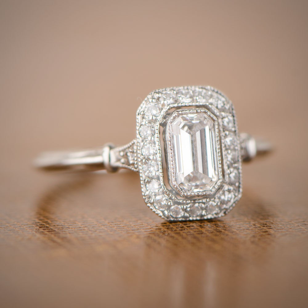 Vintage Style Emerald Cut Halo Ring