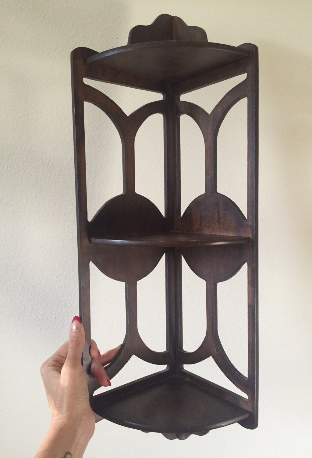 Vintage Mid Century Dark Wood Hanging Corner Shelf Kitsch