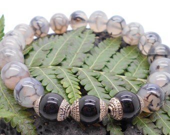 Jacinto Dragons Vein and Black Tibetan Bead Unisex Bracelet - Stretch Bracelet, Stacking Bracelet, Stone, Chakra, Boho, Mens Bracelet
