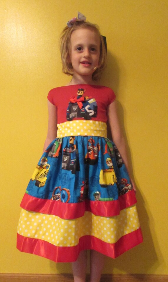 Girls Paw Patrol Birthday dress / knit top / waste tie / cotton / satin / sizes 1T to 6 child