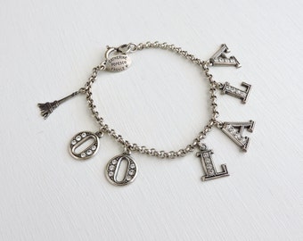 Vintage Signed Catherine Popesco Bracelet, Charm Bracelet, Paris France OO LA LA, Eiffel Tower Bracelet, Parisian Silver Crystal Bracelet