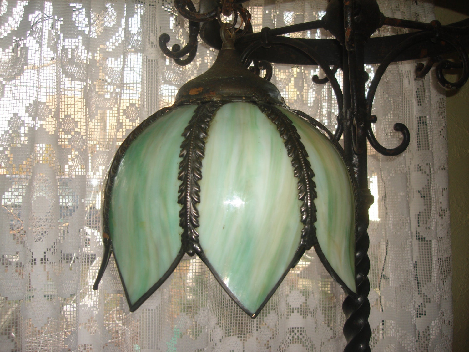 SALE antique green slag glass hanging light green stained