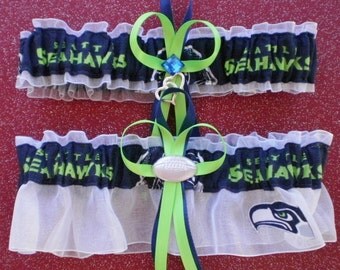 Seattle Seahawks Wedding Garter Set Football Double Heart Charm Sport