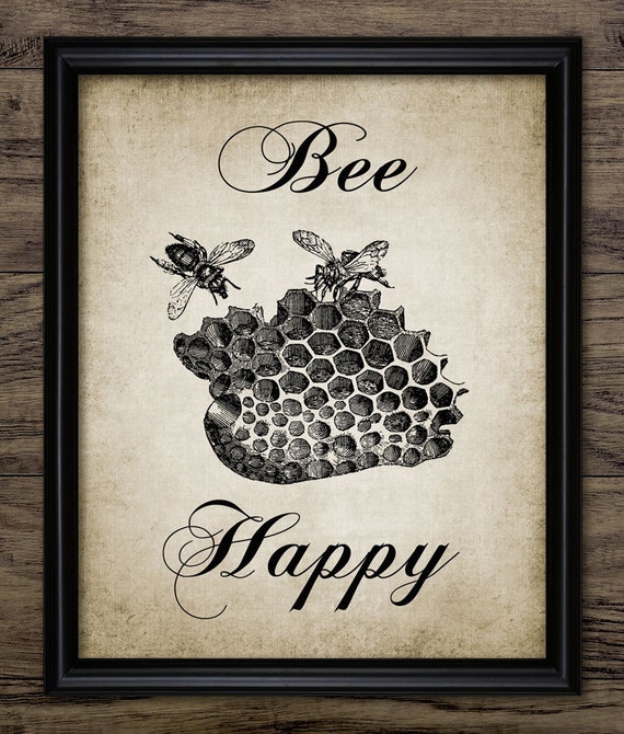 Vintage Bee Happy Print Printable Bees and Honeycomb Art