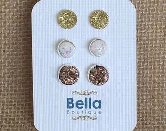 Stud Earring Set, Rose Gold Earring Set, Druzy Earring Set, Gold Studs, Silver Stud Earrings, Druzy Earring Sets, Druzy Stud Earrings