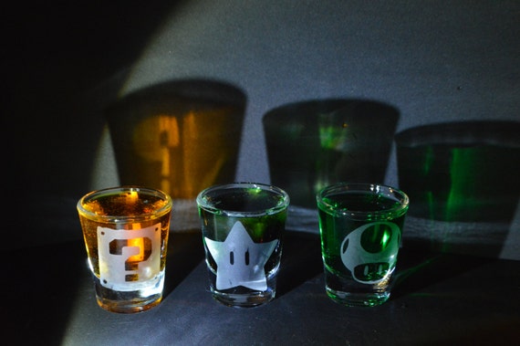 Mario power ups etched shot glass set of 3 fan art