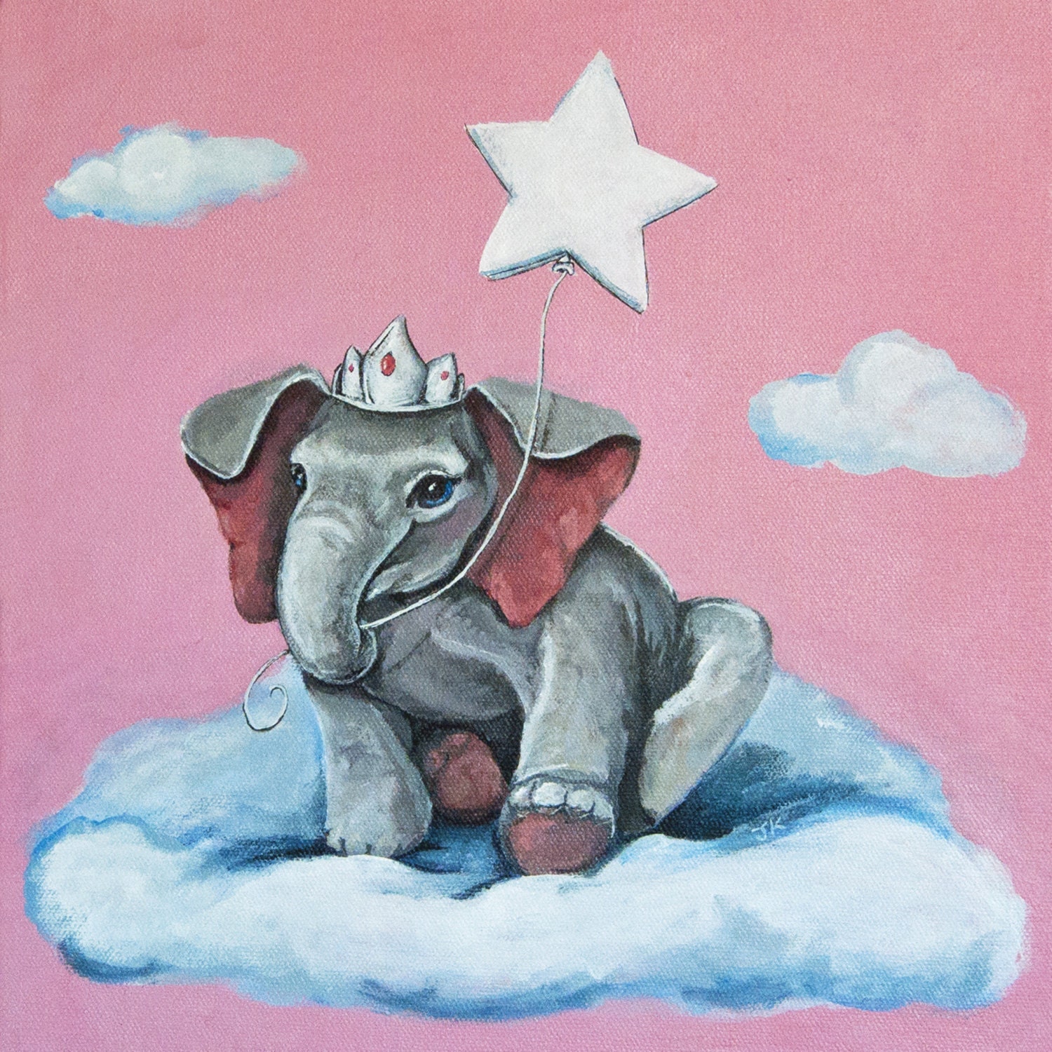 Cute whimsical baby elephant princess crown tiara clouds star