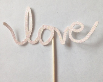 12 'love' Glitter Cupcake Toppers - Engagement Decorations - Bachelorette - Wedding - Hen Party - Valentines Day - Anniversary - Baby Shower