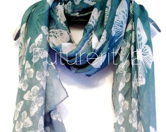 White Butterfly Teal Green Autumn / Spring Summer Scarf / Gift For Her / Women Scarves / Fashion Accessories
