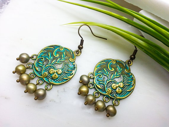 gold pearl flower bouquet earrings antique bronze patina gold pearl flower bouquet earrings antique bronze patina