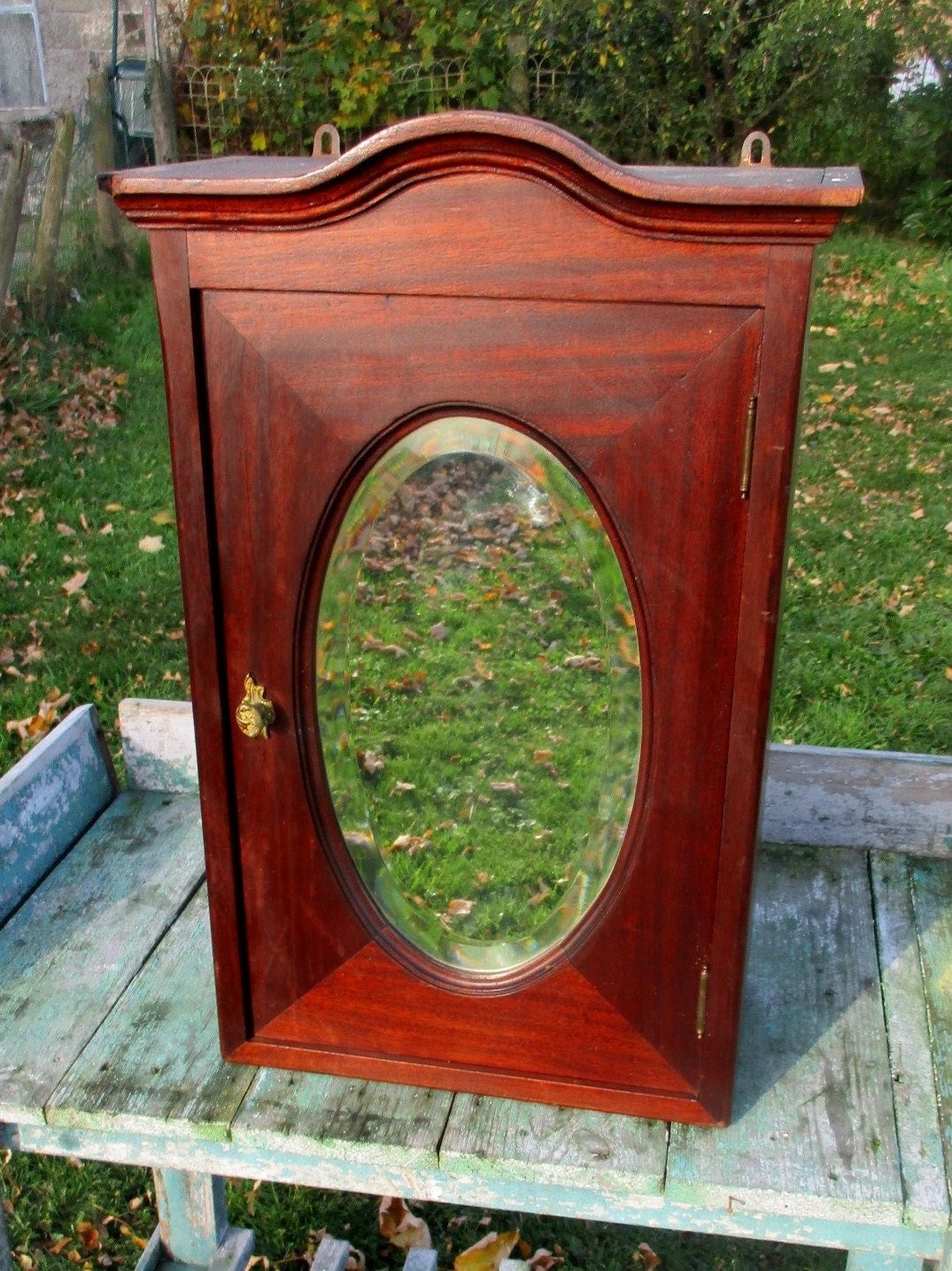 Antique Oak Wood medicine bathroom Wall Oval Beveled mirror