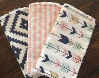 Burp cloths, baby gift, shower gift, arrows, navy aztec, aztec, modern burp cloths