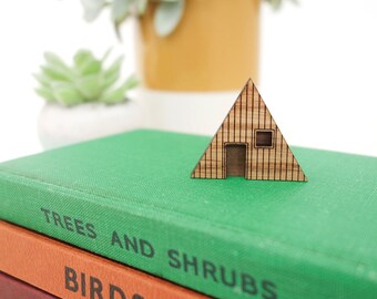 Cabin brooch - laser cut oak and walnut a-frame badge